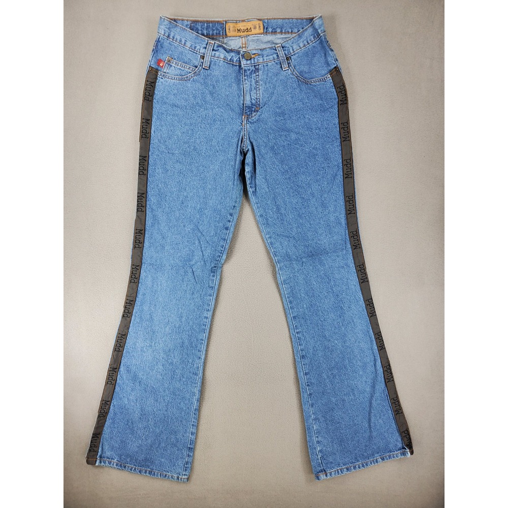 Mudd Jeans Women 9 Blue Vintage 90s Y2K Logo Tape Side Stripe Flare Leg Denim
